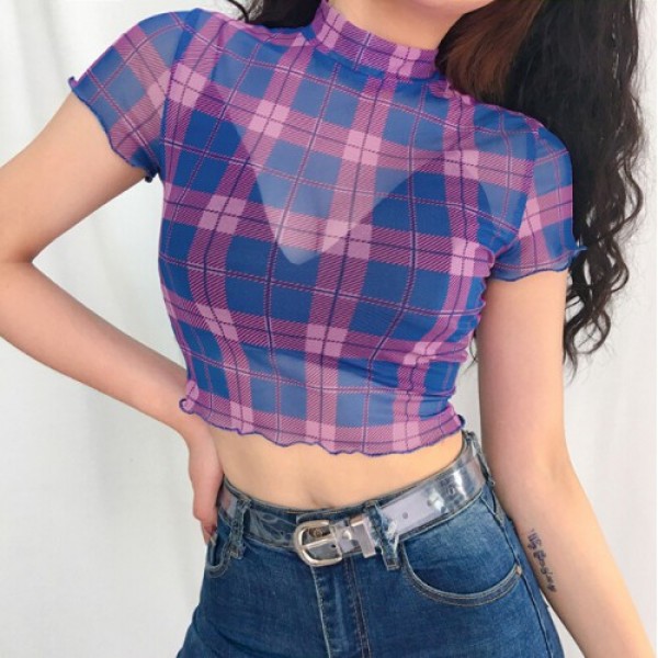 Vintage Purple Color Block Checker Mesh Top