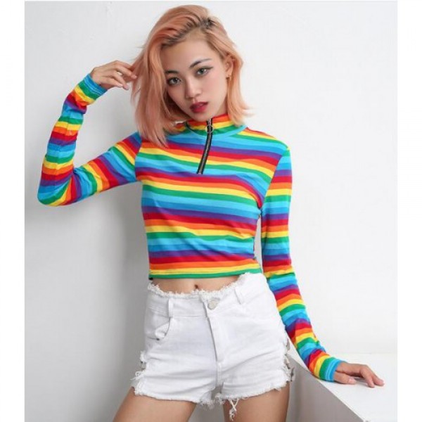 Rainbow Stripe Long Sleeve T-shirt #yyl-846